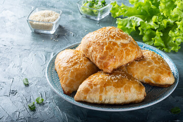 Juicy samsa on a blue plate. Samsa with meat and onions. Samsa sprinkled with sesame seeds.