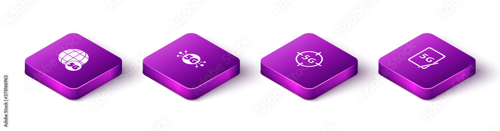 Sticker Set Isometric 5G network, , and Graphic tablet with icon. Vector.