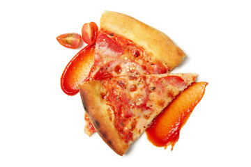 Tasty pizza slices and sauce isolated on white background