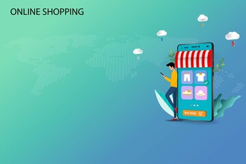 Concept of online shopping, young man standing and hold a smart phone that the display contain app icon of products to order a new shirt. Vector 3D design.