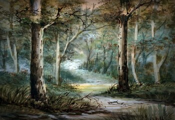 Forest, trees, pathway  watercolor    beautiful bright colors  ,  Countryside