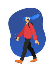 Guy goes and smokes the vaping. Vector illustration on white background.