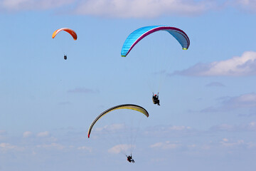 Paragliders flying wing in a blue sky	