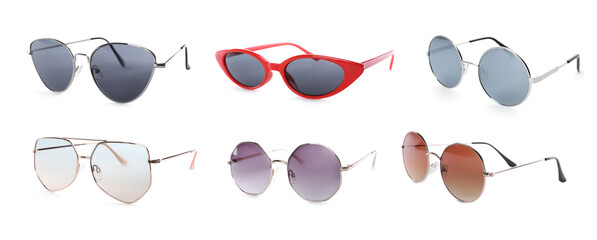 Collage with different stylish sunglasses on white background. Banner design
