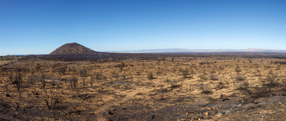 Schonchin Butte in Lava Beds National Monument rises above the burnt landscape after the July Complex wildfires in 2020