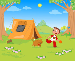 Obraz na płótnie Canvas Kid playing with dog at the camping illustration.
