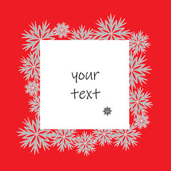 Christmas fame, card template with snowflakes and space for text, 3D effect. Bright red background