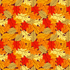 Fototapeta na wymiar Vector seamless pattern with many colored autumn leaves in retro style