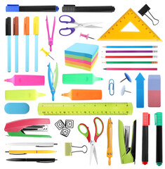 Set of bright school stationery on white background