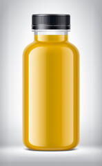 Plastic Bottle on background with Orange Juice. 