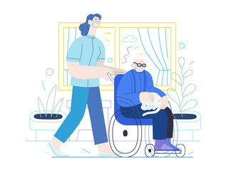 Medical insurance - senior home support - modern flat vector concept digital illustration -a nurse rolling a wheel chair with a senior patient at his home. Home medical service, part of insurance plan