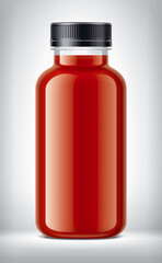 Plastic Bottle on background with Tomato Juice. 