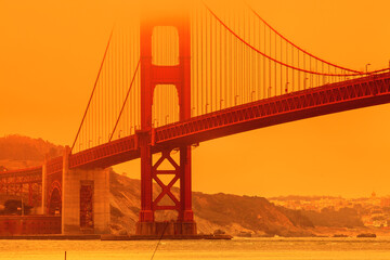 Bottom view of smoky orange sky on Golden Gate Bridge of San Francisco city from Lime point....