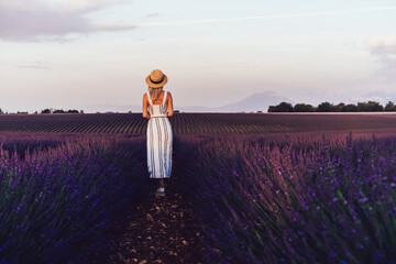 Unrecognizable woman walking in lavender field