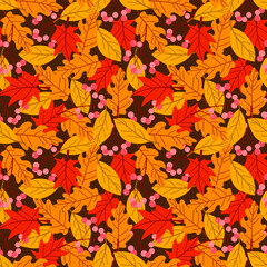 Seamless pattern with acorns and autumn oak leaves in Orange, Beige, Brown and Yellow. Perfect for wallpaper, gift paper. autumn greeting cards.