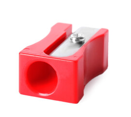 Bright red pencil sharpener isolated on white. School stationery