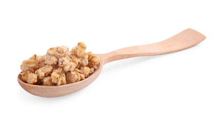 Tasty crispy granola in wooden spoon on white background