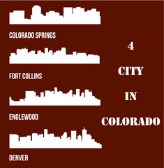 Set of 4 City silhouette in Colorado ( Denver, Colorado Springs, Fort Collins, Englewood )