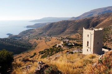 Stone tower at the medieval village of Vathia in southeastern Laconia, Peloponnese region, Greece.