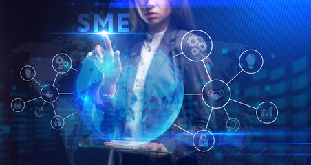 Business, Technology, Internet and network concept. Young businessman working on a virtual screen of the future and sees the inscription: