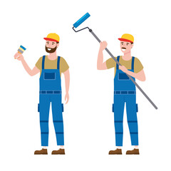 Set Construction workers painter with brush and rollerbrush in workwear