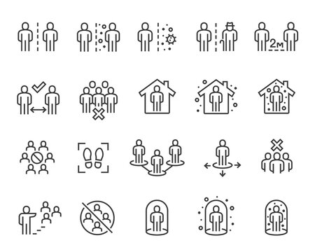 Social Distancing Icons Set. Collection of linear simple web icons such Self-Isolation, Safe Distance, Stay Home, Keep Distance, Quarantine and others. Editable Vector Stroke 