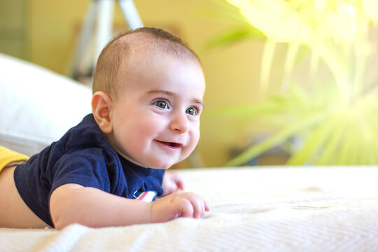 smiling little baby in a blue t-shirt lies on the couch. Space for text