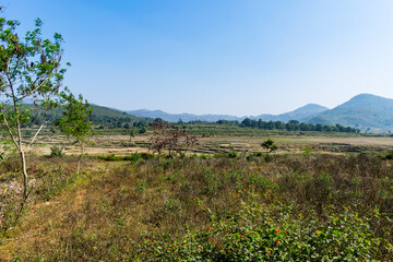 Awesome looking of sunrise in morning of a tourist place   with farmland background.
