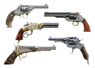 Western cowboy pistol booster pack 1 is a collection of assorted deadly and elegant hand gun firearms on a isolated white background. 3d rendering  
