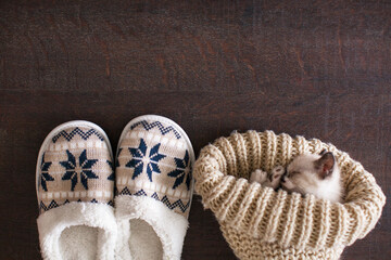 Fototapeta na wymiar Slippers and knitted hat on warm floor
