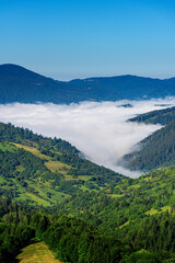 Fototapeta na wymiar View of the mountain landscape and the mist-shrouded valley. Carpathians.