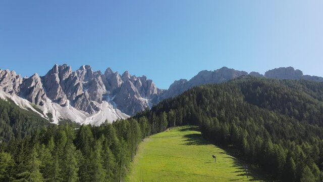 4k video of a ski resort during the summer, with ski slopes, chairlifts, green meadows, games for children, grazing horses and the refuge