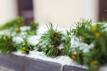 Christmas decor railing branches of a blue Christmas tree. Decoration outside the house to create a festive atmosphere