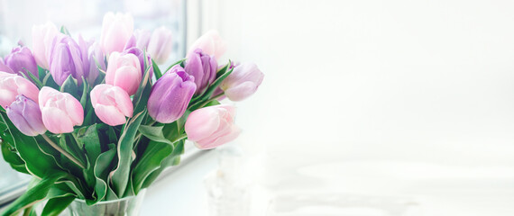 Romantic bouquet of purple and pink tulips close-up. Background of flowers. Banner. Copy space
