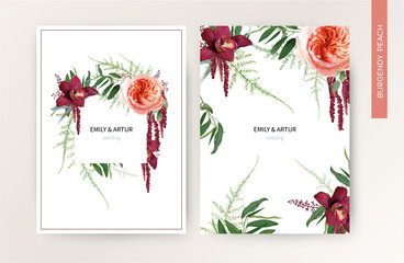 Wedding invite card, tropical invitation vector design. Pale peach roses, burgundy red orchid, amaranth flowers, wild greenery forest asparagus fern leaves & herbs watercolor illustration. Elegant set