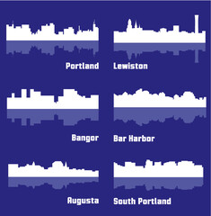 Set of 6 City silhouette in Maine ( Augusta, Bar Harbor, South Portland, Portland, Lewiston, Bangor )