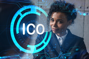 Two businesswomen work together in modern office on new project. Double exposure. Concept of success. ICO icon.