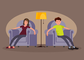 Tired man and woman came home from work and sit in a soft chair.