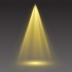 Projector beam effect. Glowing stage light ray isolated on transparent background. Vector bright yellow scene spotlight