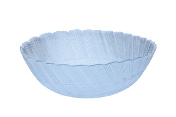 Empty large glass salad bowl. Made of transparent blue glass, isolated on a white background