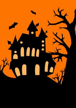 Halloween poster with big castle and tree, bats black silhouettes on orange background, stock vector illustration for design and decoration, banner, postcard, holiday, halloween, invitation