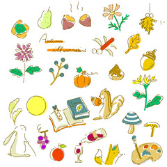 手描きペン画の秋のイラストセット