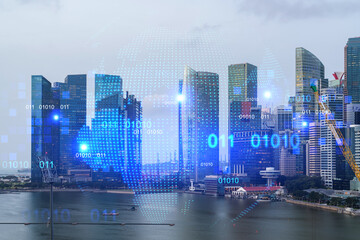 Fototapeta na wymiar World planet Earth map hologram over panorama city view of Singapore, Asia. The concept of international connections and business. Multi Exposure.