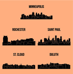 5 City Silhouette in Minnesota ( Minneapolis, Rochester, Saint Paul, St. Cloud, Duluth )
