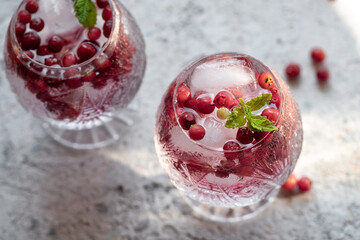 Cocktail with wild cranberries and ice