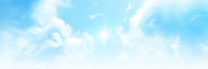 Christian cross appears bright in the sky background and soft clouds. with the light shining as...