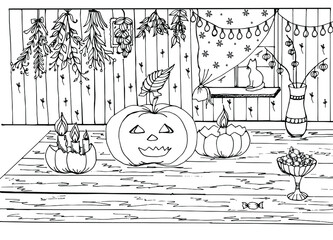 Halloween coloring book with pumpkin, candy on the table, burning candles, cat on the windowsill, decorated room and garland. Vector anti-stress illustration for books, postcards, games, posters, back