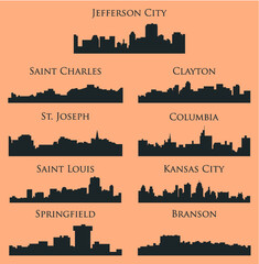 Naklejka premium 9 city silhouette in Missouri ( Jefferson City, Saint Louis, Clayton, Springfield, Saint Charles, Kansas City, St. Joseph, Columbia, Branson )