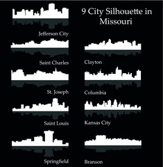 Obraz premium 9 city silhouette in Missouri ( Jefferson City, Saint Louis, Clayton, Springfield, Saint Charles, Kansas City, St. Joseph, Columbia, Branson )