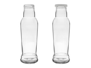 Two empty glass bottles. One is open, the other is closed with a metal lid. Isolated on a white background